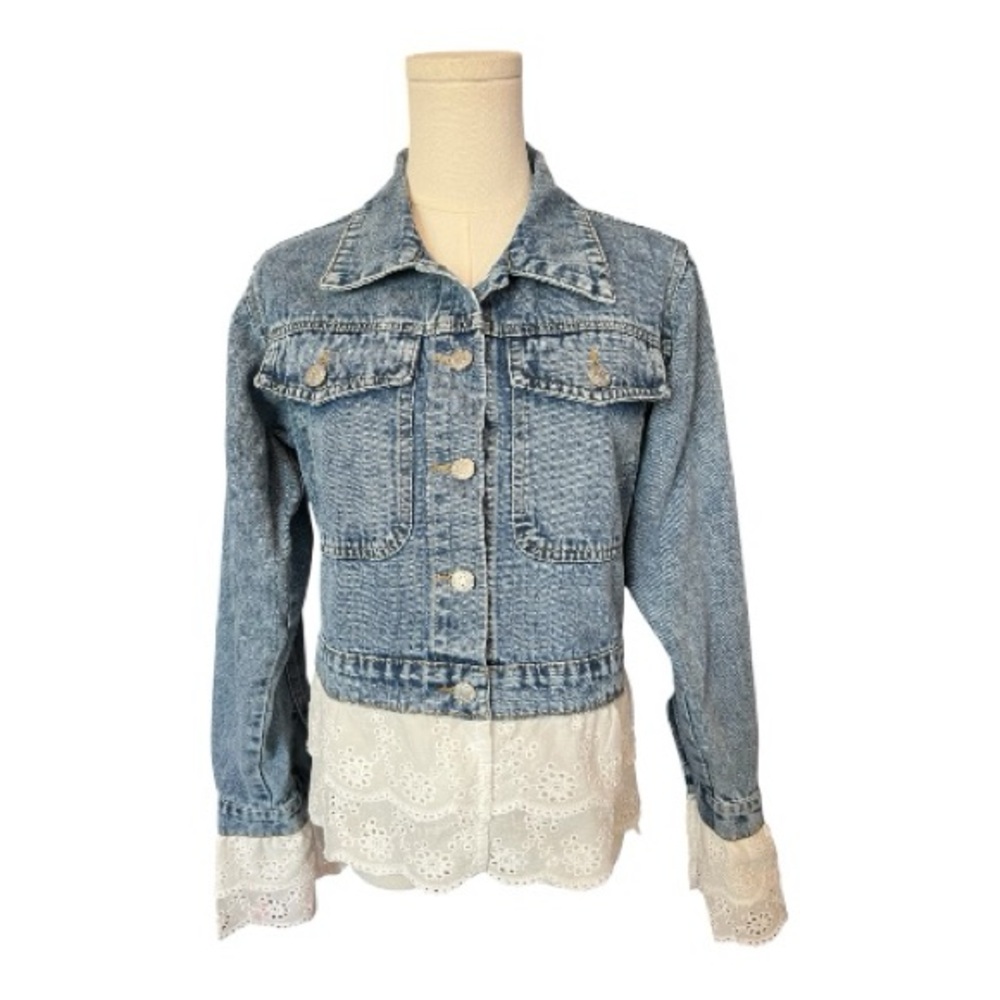 🆕 NWT Pretty Find blue denim jacket with double lace hem & cuffs | size XL